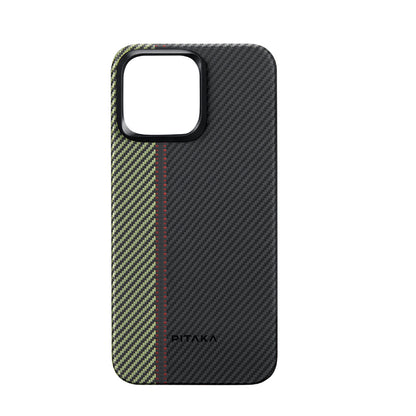 Apple iPhone 15 Pro Kılıf M-safe Şarj Özellikli 600D Aramid Fiber Pitaka Tactile Woven Orchestra Serisi Overture Kapak Siyah-Yeşil
