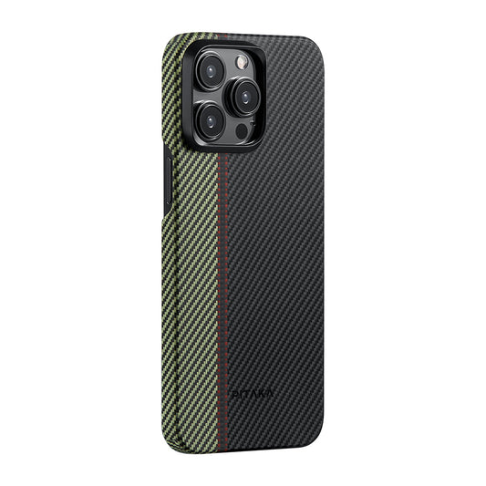 Apple iPhone 15 Pro Kılıf M-safe Şarj Özellikli 600D Aramid Fiber Pitaka Tactile Woven Orchestra Serisi Overture Kapak Siyah-Yeşil