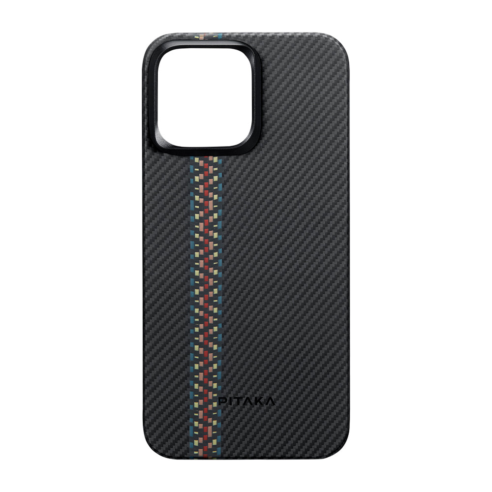 Apple iPhone 15 Pro Kılıf M-safe Şarj Özellikli 600D Aramid Fiber Pitaka Tactile Woven Orchestra Serisi Rhapsody Kapak Siyah
