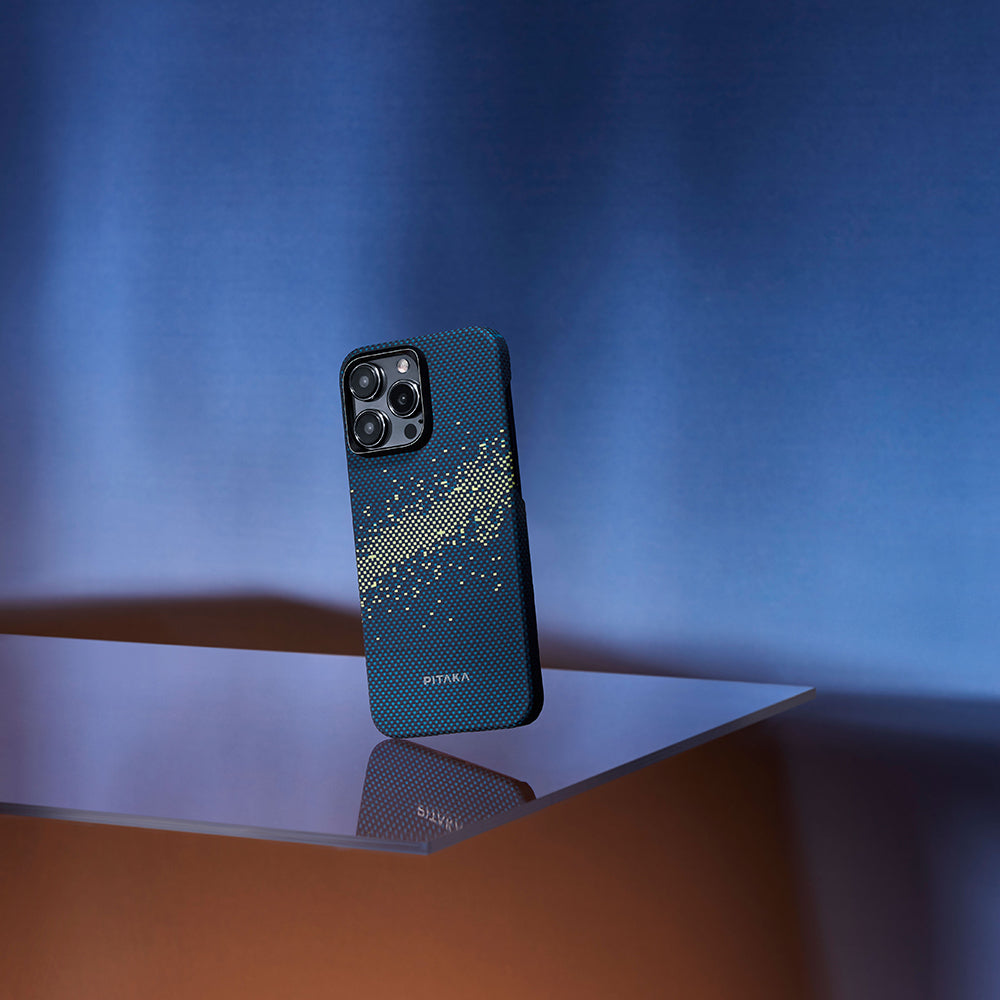 Apple iPhone 15 Pro Kılıf M-safe Şarj Özellikli Aramid Fiber Pitaka Tactile Woven Starpeak Serisi Milky Way Galaxy Kapak Mavi