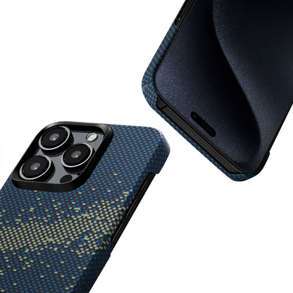 Apple iPhone 15 Pro Kılıf M-safe Şarj Özellikli Aramid Fiber Pitaka Tactile Woven Starpeak Serisi Milky Way Galaxy Kapak Mavi