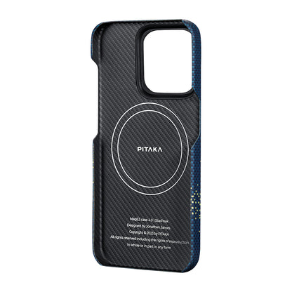 Apple iPhone 15 Pro Kılıf M-safe Şarj Özellikli Aramid Fiber Pitaka Tactile Woven Starpeak Serisi Milky Way Galaxy Kapak Mavi