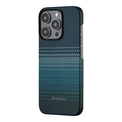 Apple iPhone 15 Pro Kılıf M-safe Şarj Özellikli Aramid Fiber Pitaka Tactile Woven Sunset-Moonrise Serisi Moonrise Kapak Mavi