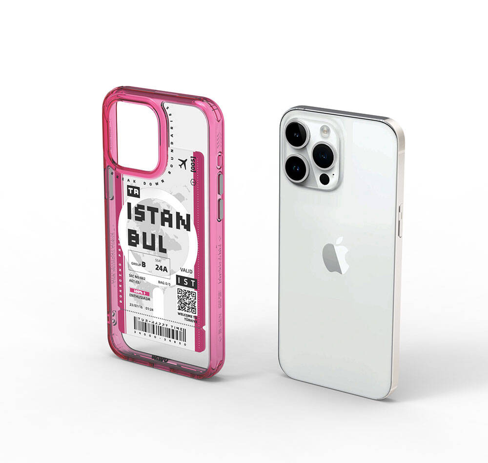 Apple iPhone 15 Pro Case with M-safe Charging Feature, Ticket Pattern, Wiwu Turkey B Series Cover, Pink 