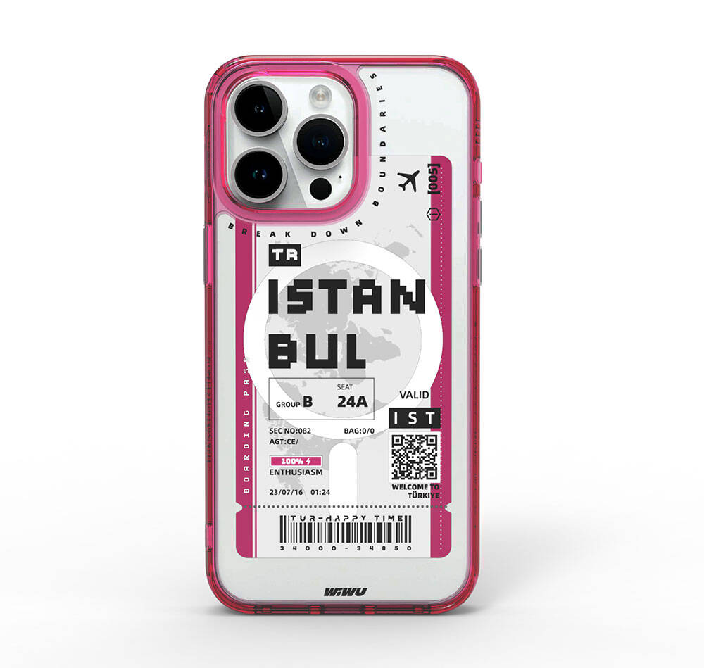 Apple iPhone 15 Pro Case with M-safe Charging Feature, Ticket Pattern, Wiwu Turkey B Series Cover, Pink 