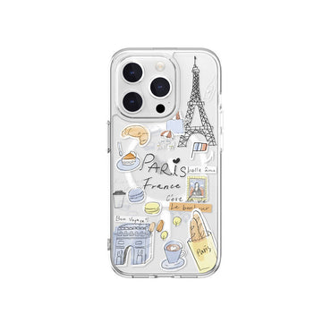 Apple iPhone 15 Pro Kılıf M-safe Şarj Özellikli Çizim Desenli Şok Önleyicili Şeffaf Lisanslı Switcheasy City-M Paris Kapak Renksiz