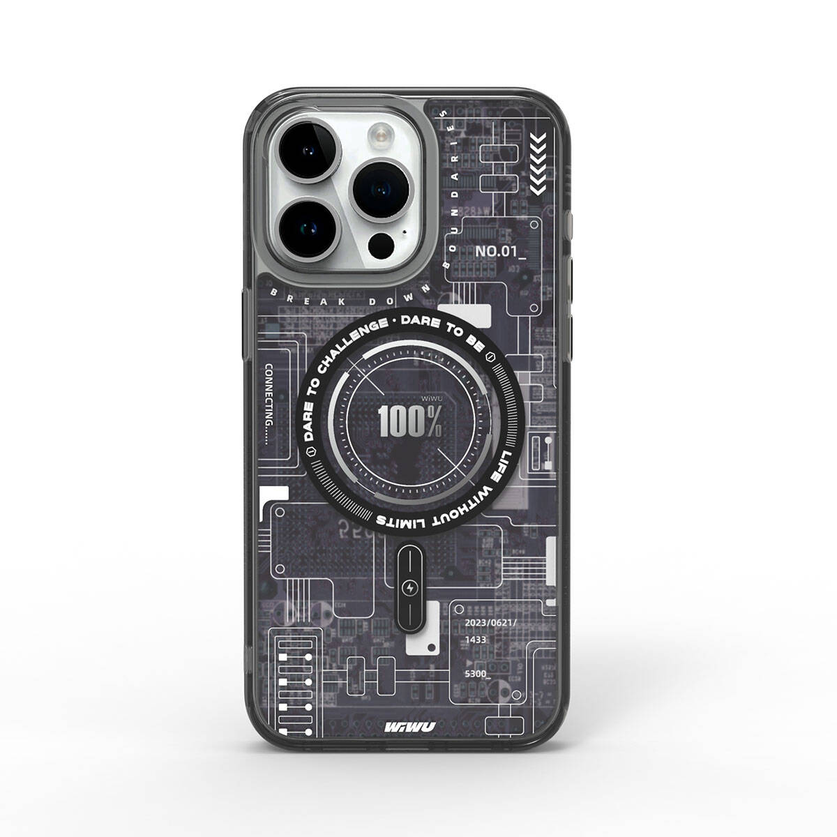 Apple iPhone 15 Pro Case M-safe Charging Feature Patterned Wiwu Mecha Circuit H Series Cover Black 