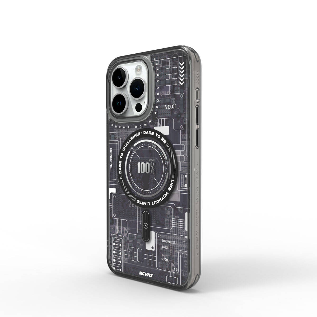 Apple iPhone 15 Pro Case M-safe Charging Feature Patterned Wiwu Mecha Circuit H Series Cover Black 