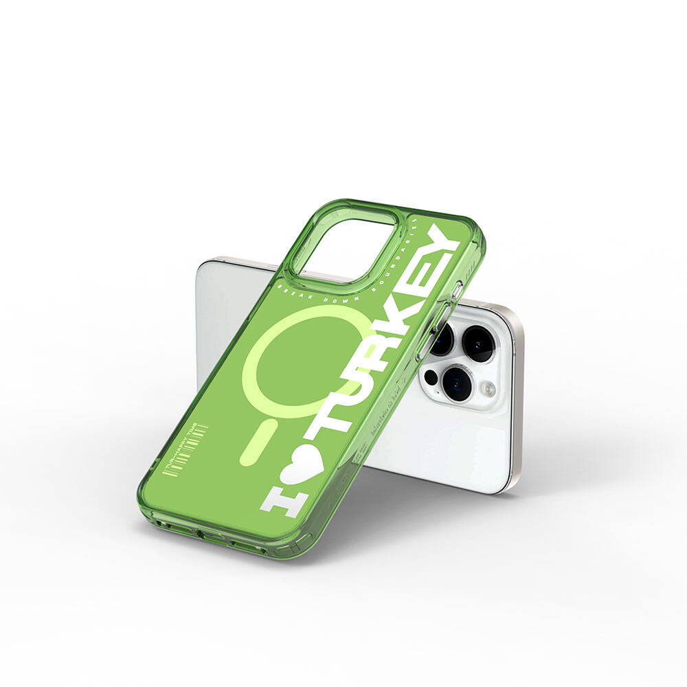 Apple iPhone 15 Pro Case with M-Safe Charging Feature, I Love Turkey Text Pattern, Wiwu Turkey E Series Cover Green 
