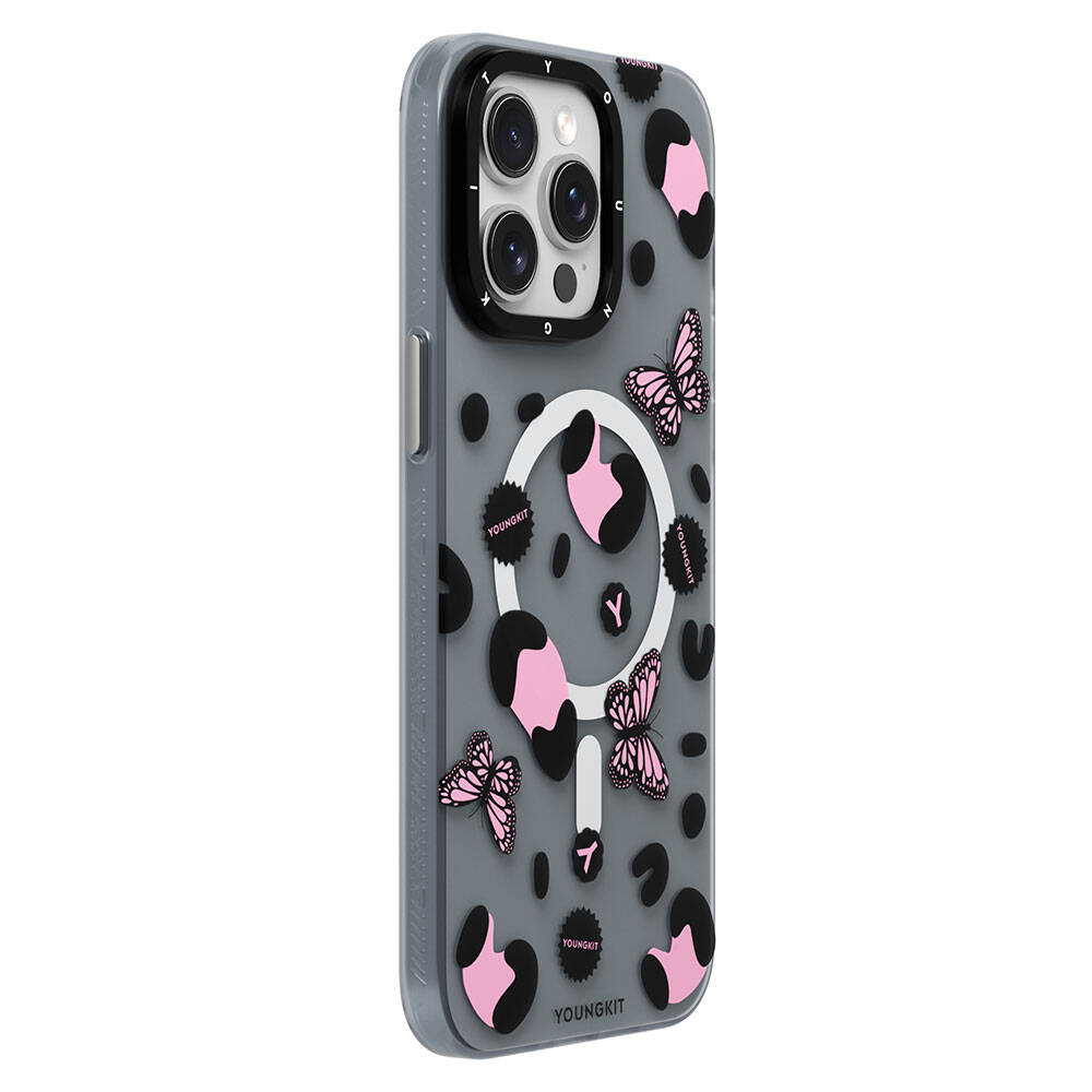 Apple iPhone 15 Pro Case M-safe Charging Feature Butterfly Pattern Youngkit Shadow Dance Series Cover Pink 
