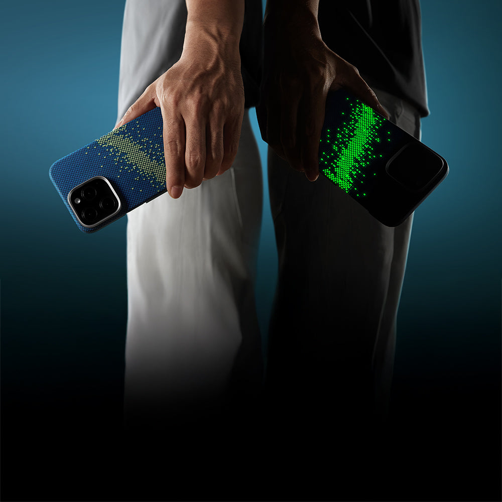 Apple iPhone 15 Pro Kılıf M-safe Şarj Özellikli Lumintex Teknolojili Fosforlu Özellikli Aramid Fiber Pitaka Tactile Woven Starpeak Serisi Milky Way Galaxy Kapak Mavi