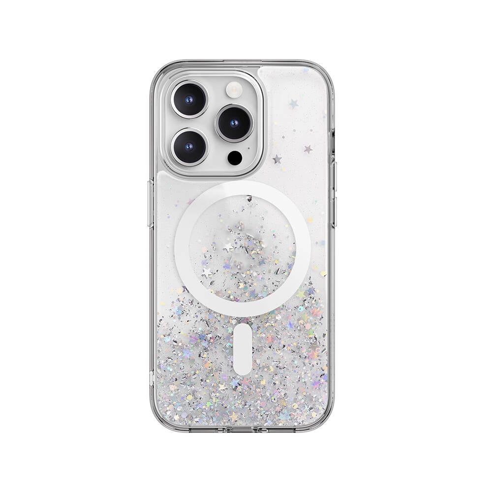 Apple iPhone 15 Pro Kılıf M-safe Şarj Özellikli Parlayan Simli Şeffaf Lisanslı Switcheasy Starfield-M Kapak Renksiz