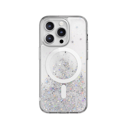 Apple iPhone 15 Pro Kılıf M-safe Şarj Özellikli Parlayan Simli Şeffaf Lisanslı Switcheasy Starfield-M Kapak Renksiz