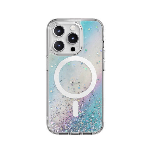 Apple iPhone 15 Pro Kılıf M-safe Şarj Özellikli Parlayan Simli Şeffaf Lisanslı Switcheasy Starfield-M Kapak Colorful