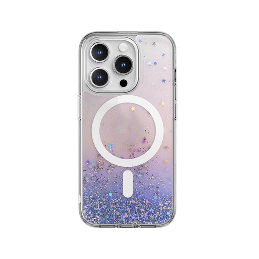 Apple iPhone 15 Pro Kılıf M-safe Şarj Özellikli Parlayan Simli Şeffaf Lisanslı Switcheasy Starfield-M Kapak Mor