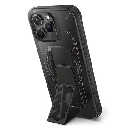 Apple iPhone 15 Pro Kılıf M-safe Şarj Özellikli Teknoloji Desenli Standlı Skinarma Helio Kapak Gri
