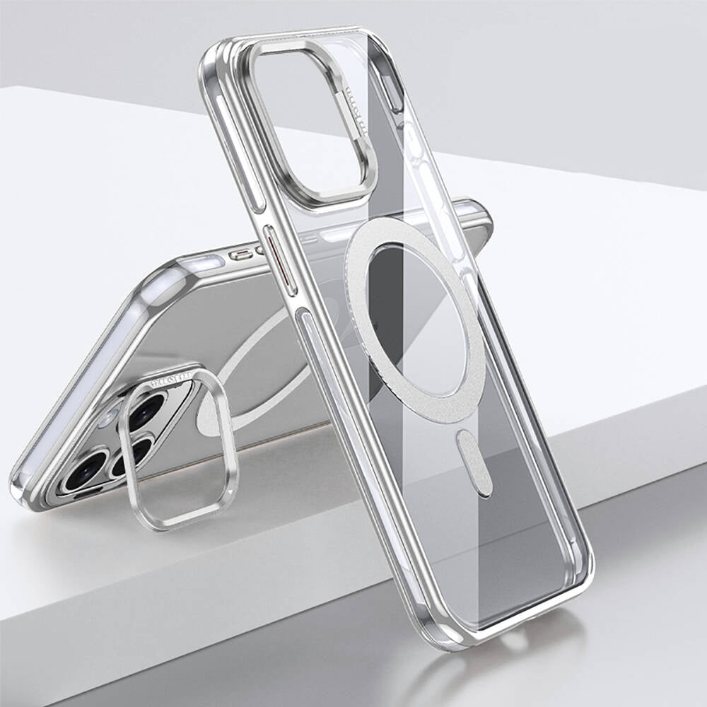 Apple iPhone 15 Pro Kılıf M-safe Şarj Özellikli Wlons Standlı Efsane Kapak Gümüş