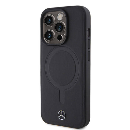 Apple iPhone 15 Pro Kılıf Mercedes Benz M-safe Şarj Özellikli Yumuşak Deri Orjinal Lisanslı Kapak Siyah