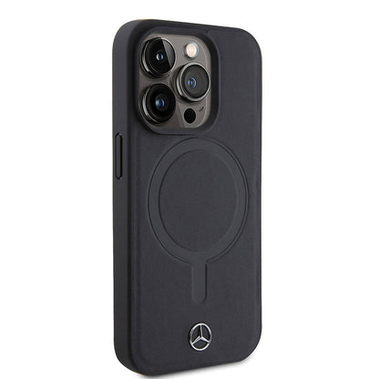 Apple iPhone 15 Pro Kılıf Mercedes Benz M-safe Şarj Özellikli Yumuşak Deri Orjinal Lisanslı Kapak Siyah