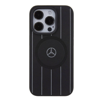Apple iPhone 15 Pro Kılıf Mercedes Benz Orjinal Lisanslı M-safe Şarj Özellikli Baskı Logolu Paralel Çizgi Desenli Deri Kapak Siyah