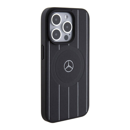 Apple iPhone 15 Pro Kılıf Mercedes Benz Orjinal Lisanslı M-safe Şarj Özellikli Baskı Logolu Paralel Çizgi Desenli Deri Kapak Siyah