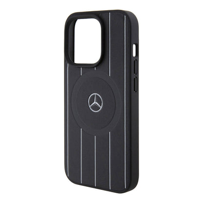 Apple iPhone 15 Pro Kılıf Mercedes Benz Orjinal Lisanslı M-safe Şarj Özellikli Baskı Logolu Paralel Çizgi Desenli Deri Kapak Siyah