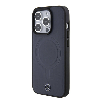 Apple iPhone 15 Pro Kılıf Mercedes Benz Orjinal Lisanslı M-safe Şarj Özellikli Metal Yıldız Logolu Pürüzsüz Deri Kapak Lacivert