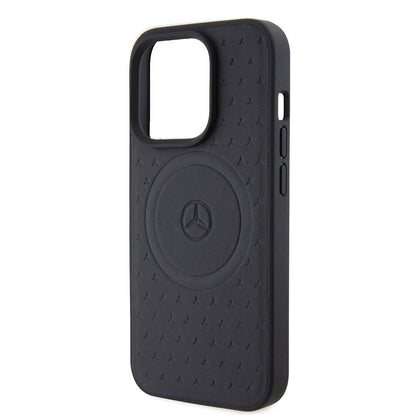 Apple iPhone 15 Pro Kılıf Mercedes Benz Orjinal Lisanslı M-safe Şarj Özellikli Mühürlü Yıldız Desenli ve Logolu Deri Kapak Siyah
