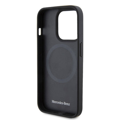 Apple iPhone 15 Pro Kılıf Mercedes Benz Orjinal Lisanslı M-safe Şarj Özellikli Mühürlü Yıldız Desenli ve Logolu Deri Kapak Lacivert