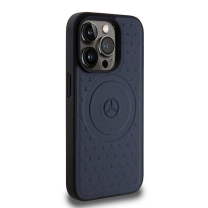 Apple iPhone 15 Pro Kılıf Mercedes Benz Orjinal Lisanslı M-safe Şarj Özellikli Mühürlü Yıldız Desenli ve Logolu Deri Kapak Lacivert