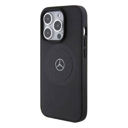 Apple iPhone 15 Pro Kılıf Mercedes Benz Orjinal Lisanslı M-safe Şarj Özellikli Pike Desenli Baskı Logolu Deri Kapak Siyah