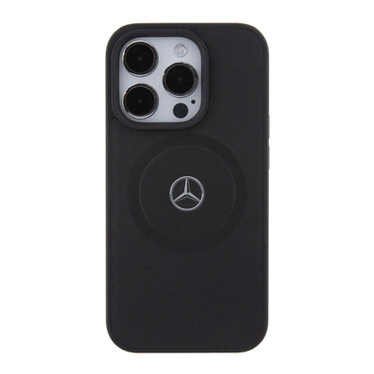Apple iPhone 15 Pro Kılıf Mercedes Benz Orjinal Lisanslı M-safe Şarj Özellikli Pike Desenli Baskı Logolu Deri Kapak Siyah