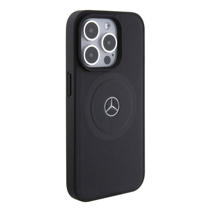 Apple iPhone 15 Pro Kılıf Mercedes Benz Orjinal Lisanslı M-safe Şarj Özellikli Pike Desenli Baskı Logolu Deri Kapak Siyah