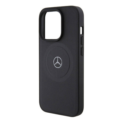 Apple iPhone 15 Pro Kılıf Mercedes Benz Orjinal Lisanslı M-safe Şarj Özellikli Pike Desenli Baskı Logolu Deri Kapak Siyah