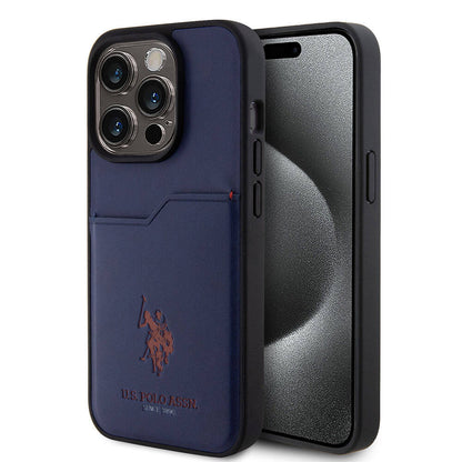 Apple iPhone 15 Pro Kılıf U.S. Polo Assn. Orjinal Lisanslı Baskı Logolu PU Kartlıklı Kapak Lacivert