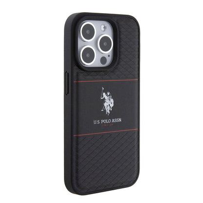 Apple iPhone 15 Pro Kılıf U.S. Polo Assn. Orjinal Lisanslı Deri Şeritli Logo Dizayn Kapak Lacivert