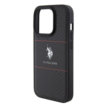 Apple iPhone 15 Pro Kılıf U.S. Polo Assn. Orjinal Lisanslı Deri Şeritli Logo Dizayn Kapak Siyah