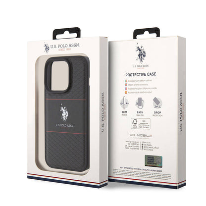 Apple iPhone 15 Pro Kılıf U.S. Polo Assn. Orjinal Lisanslı Deri Şeritli Logo Dizayn Kapak Lacivert