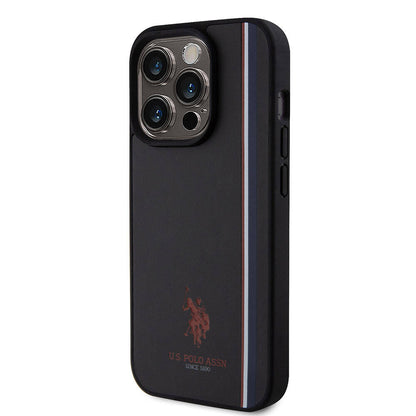 Apple iPhone 15 Pro Kılıf U.S. Polo Assn. Orjinal Lisanslı Üç Renk Şerit Tasarımlı Baskı Logolu Kapak Lacivert
