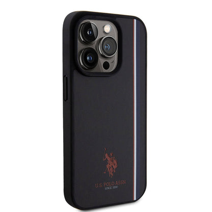 Apple iPhone 15 Pro Kılıf U.S. Polo Assn. Orjinal Lisanslı Üç Renk Şerit Tasarımlı Baskı Logolu Kapak Lacivert