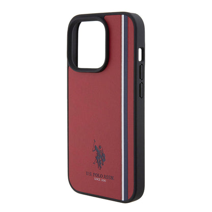 Apple iPhone 15 Pro Kılıf U.S. Polo Assn. Orjinal Lisanslı Üç Renk Şerit Tasarımlı Baskı Logolu Kapak Kırmızı