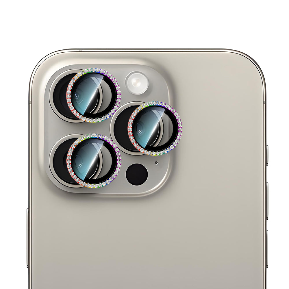 Apple iPhone 15 Pro Max CaseWorld Alloy Sparkling Diamond Serisi Taşlı Lens Koruyucu Gümüş