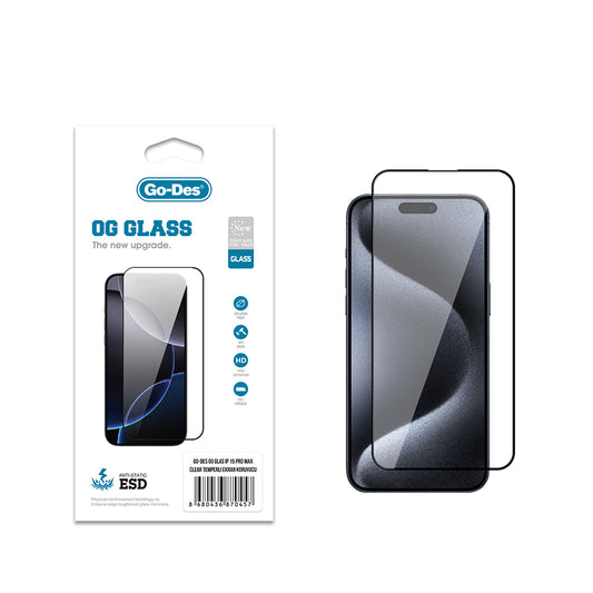 Apple iPhone 15 Pro Max Go Des OG Glass Antistatic Tempered Glass Screen Protector Transparent