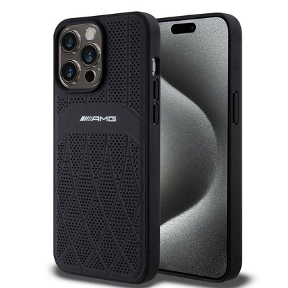 Apple iPhone 15 Pro Max Kılıf AMG Orjinal Lisanslı M-safe Şarj Özellikli Delikli Deri Kıvrımlı Çizgili Kapak Siyah