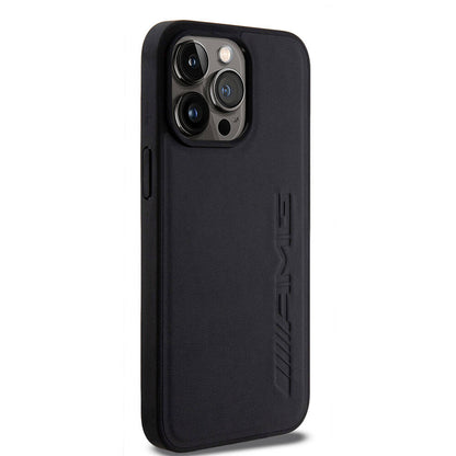 Apple iPhone 15 Pro Max Kılıf AMG Orjinal Lisanslı M-safe Şarj Özellikli Deri Sıcak Damgalı Kapak Siyah