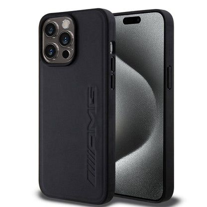 Apple iPhone 15 Pro Max Kılıf AMG Orjinal Lisanslı M-safe Şarj Özellikli Deri Sıcak Damgalı Kapak Siyah