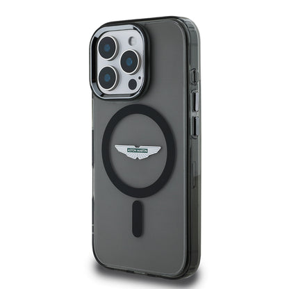 Apple iPhone 15 Pro Max Kılıf Aston Martin Orjinal Lisanslı M-safe Şarj Özellikli  IML Baskı Logolu Metal Düğmeli Kapak Siyah