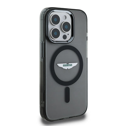 Apple iPhone 15 Pro Max Kılıf Aston Martin Orjinal Lisanslı M-safe Şarj Özellikli  IML Baskı Logolu Metal Düğmeli Kapak Siyah