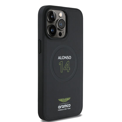 Apple iPhone 15 Pro Max Kılıf Aston Martin Orjinal Lisanslı M-safe Şarj Özellikli PU Deri Alonso 14 Baskılı Kapak Siyah