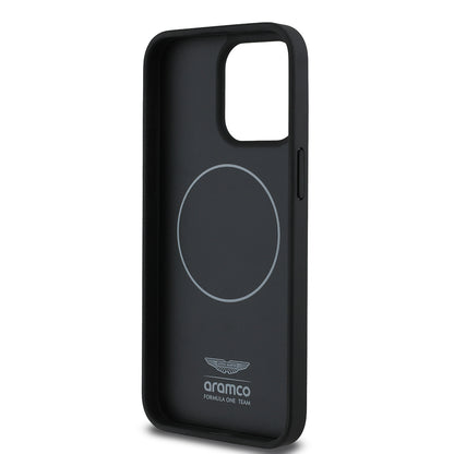 Apple iPhone 15 Pro Max Kılıf Aston Martin Orjinal Lisanslı M-safe Şarj Özellikli PU Deri Alonso 14 Baskılı Kapak Siyah
